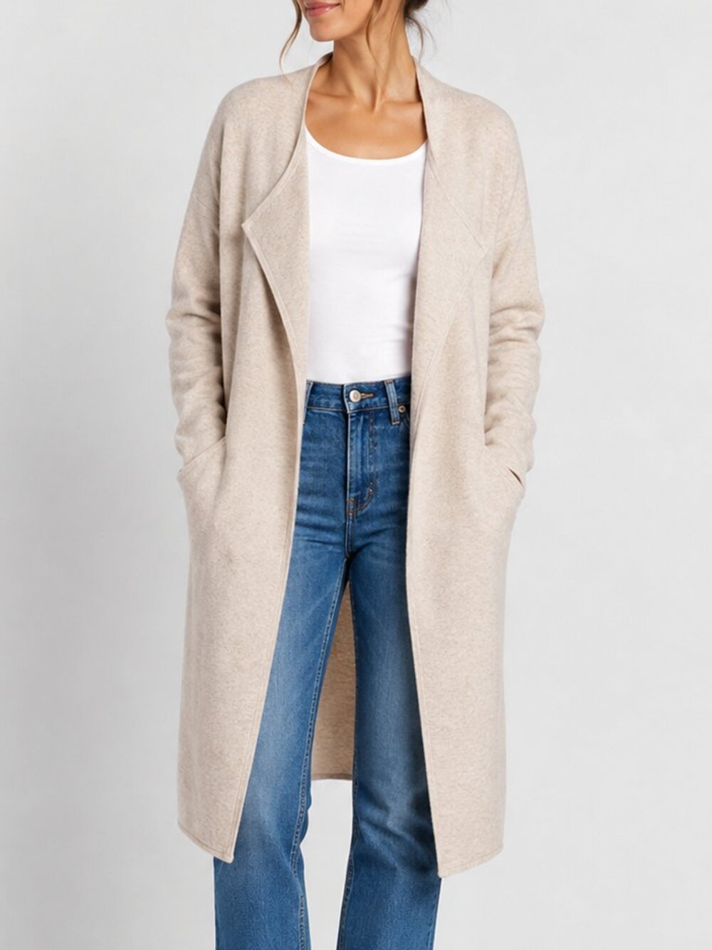 Lillusory Beige Longline Duster Cardigan Coatigan Open Front Wool Blend M